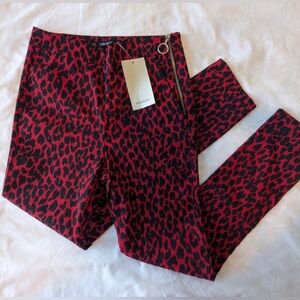 ZARA Red & Black Cheetah/Animal Print Pants w/SILVER Side Zip Ring NWT!